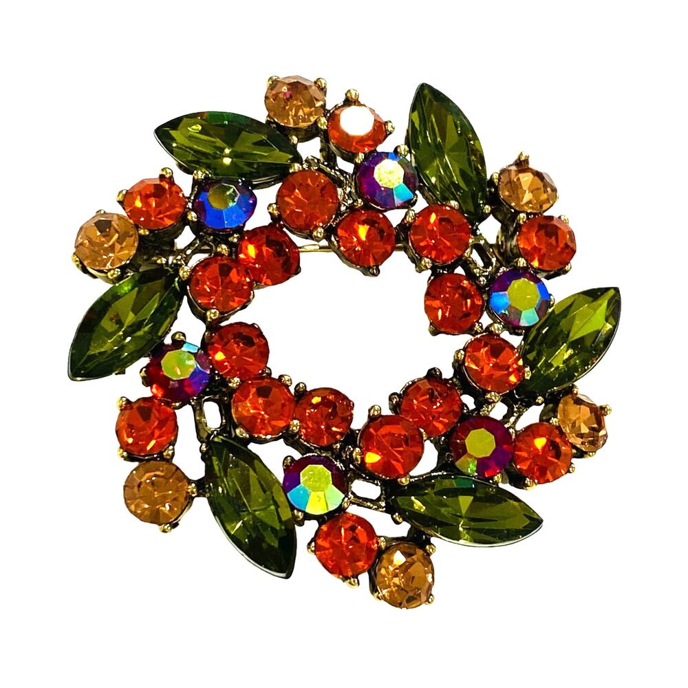 Vintage Look Wreath Brooch Pendant Orange & Green Rhinestone Stacked Dimensional